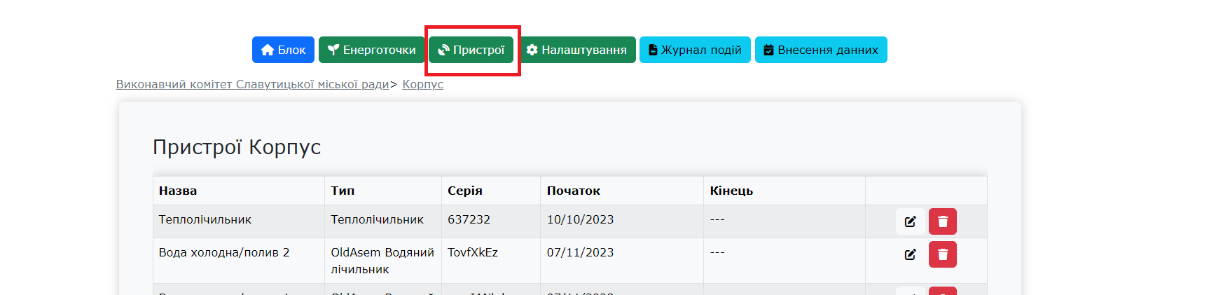 вкладка пристрої